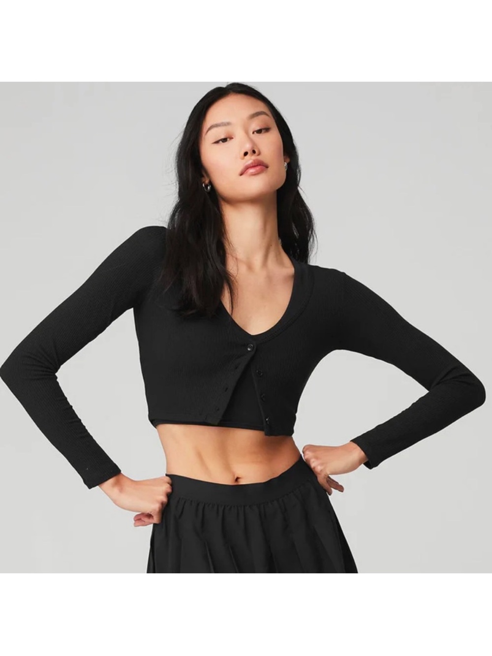 ALO Yoga whisper Black Cropped Ribbed Button Cardigan